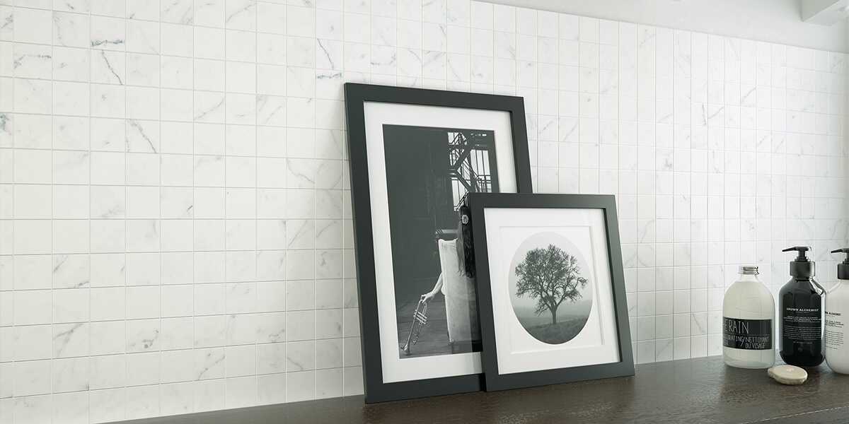 vallalunga carrara white 2" x 2" porcelain tile mosaic room scene