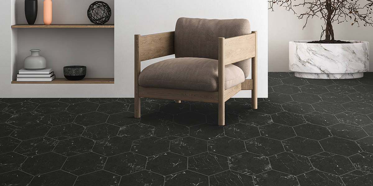 apini grafite glazed porcelain hex tile | living room floor