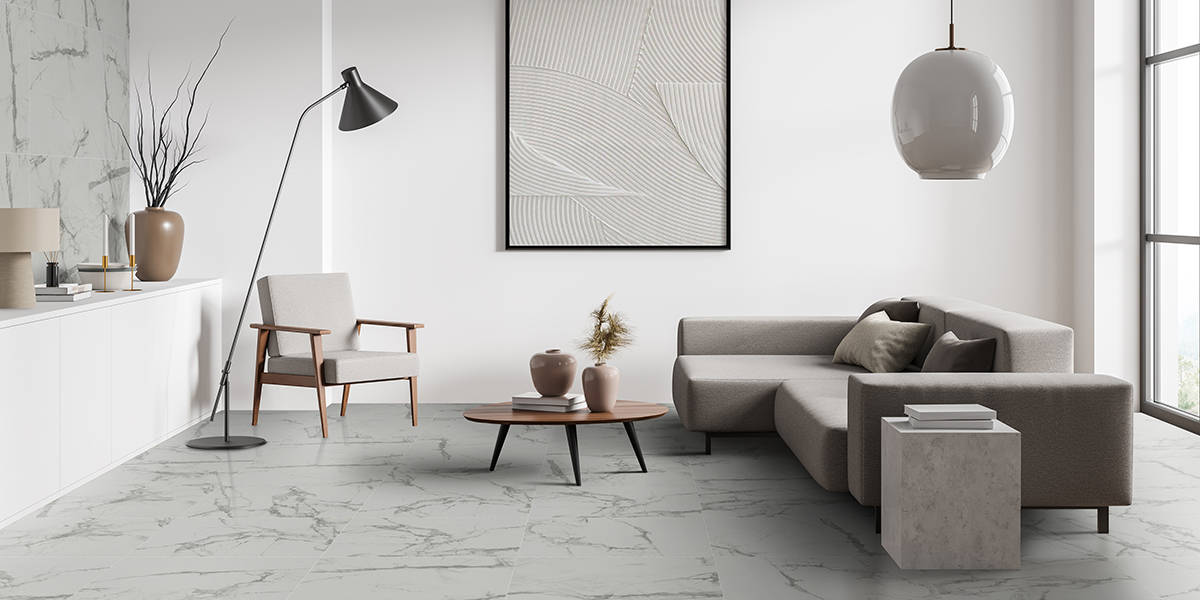 Statuario chimestone spc vinyl floor 12x24 tile | living room