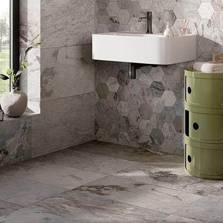 Metastone Fog 12x24 & Hex Mosaic Bathroom Sant Agostino