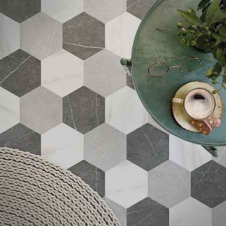 Pietra Porcelain Hexagon 5.5" x 6.3" Floor Tile Collection | DNA Tiles Matte Calacatta, Grey & Graphite