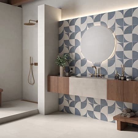 GEOMETRIC TERRACOTA ART AZUL & BLANCO WHITE BODY WALL TILE | KERABEN 450X450