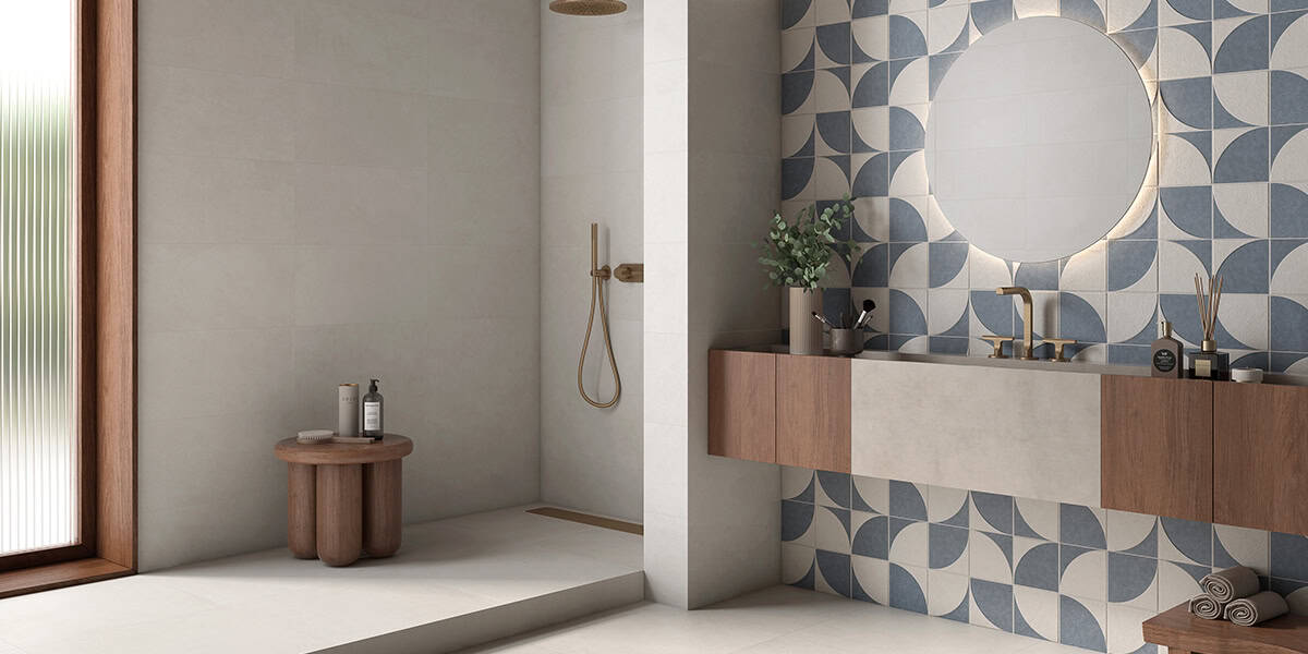 GEOMETRIC TERRACOTA ART AZUL & BLANCO WHITE BODY WALL TILE | KERABEN