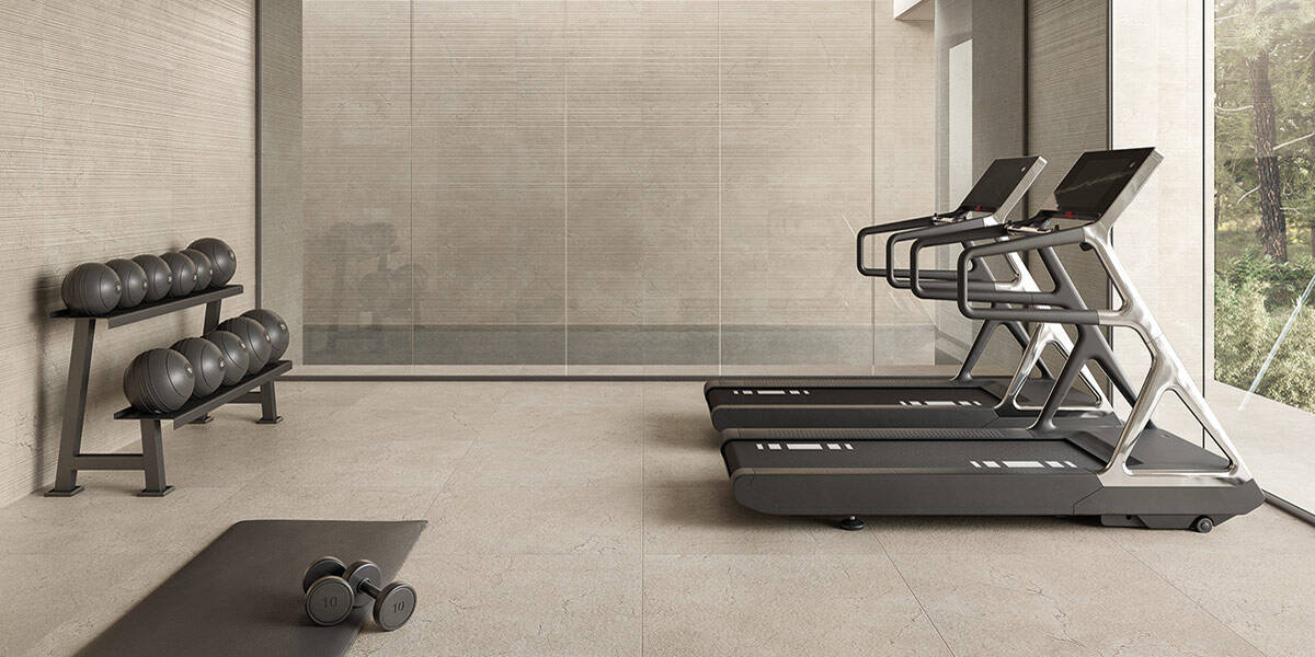 Calcis-Limestone-Porcelain-Tile-24"x48" Stripe Deco-Olympia-24x48-Workout-Room