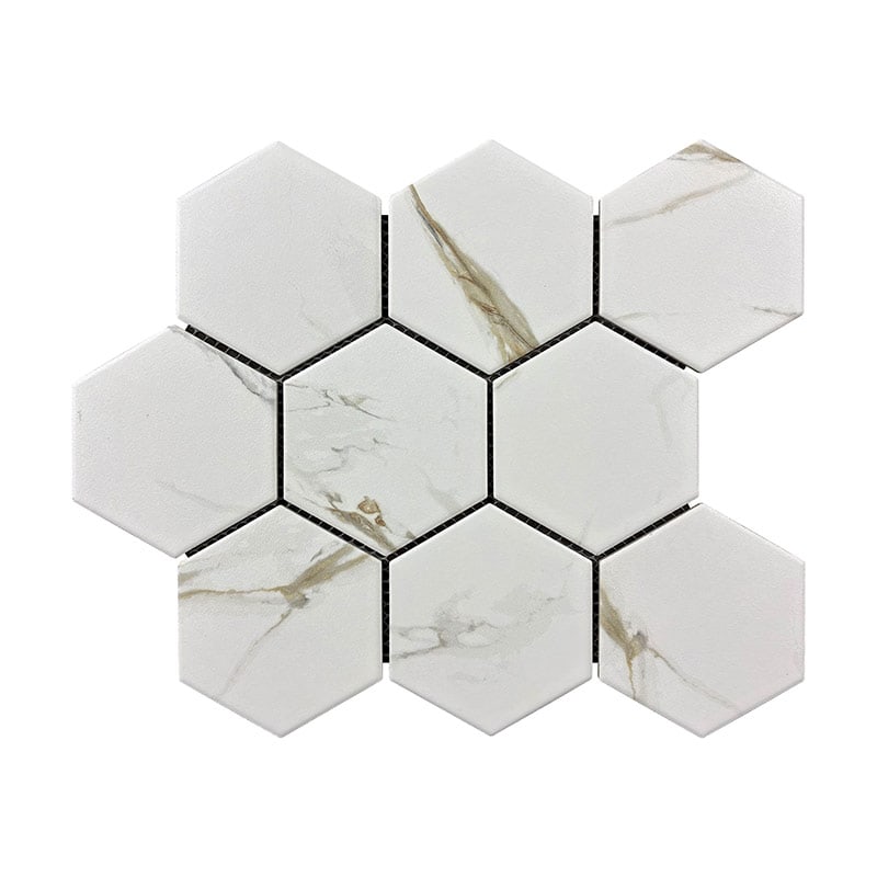 Classic-4inch-Hexagon-Porcelain-Mosaic-Olympia-Calacatta-Gold