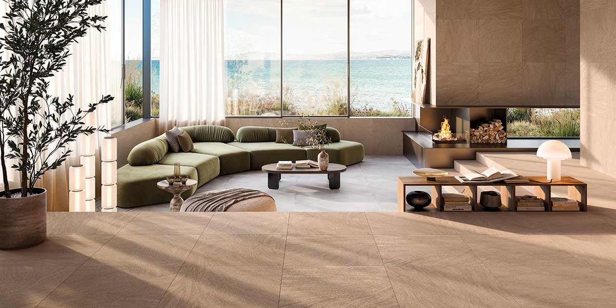 Ink porcelain tile installation with abstract graphic texture and matte finish