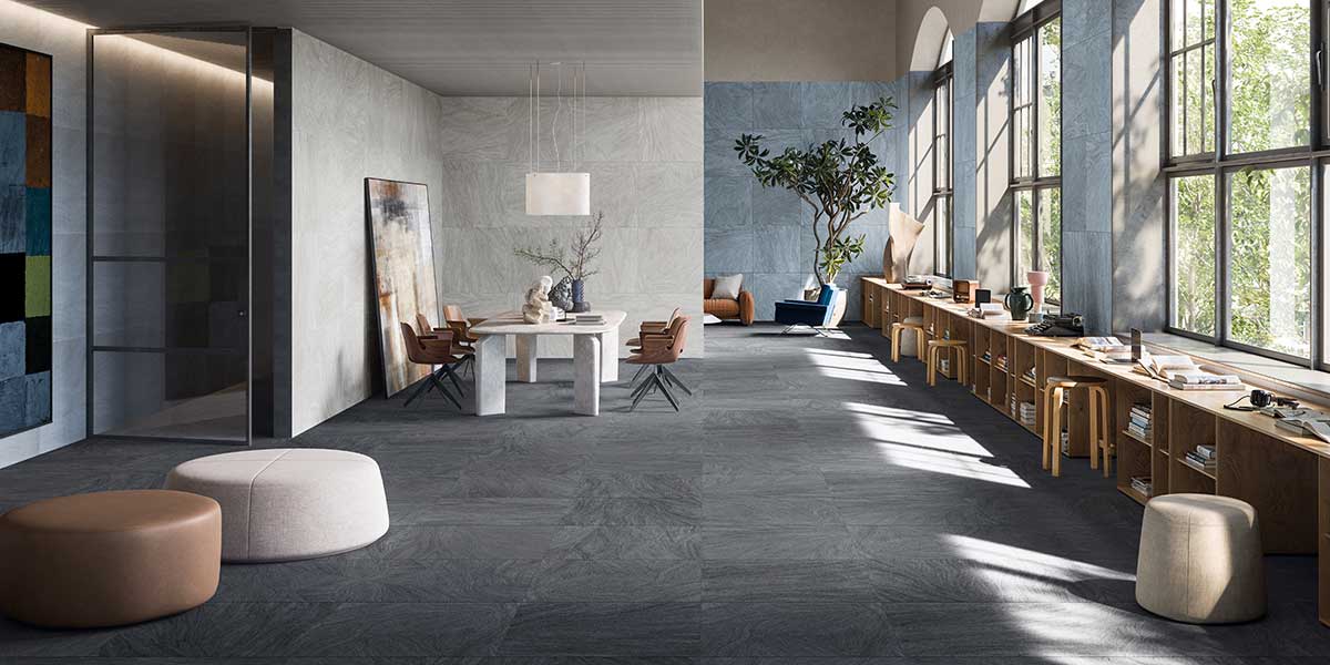 Ink Bold porcelain tile with dramatic graphic pattern in contemporary interior