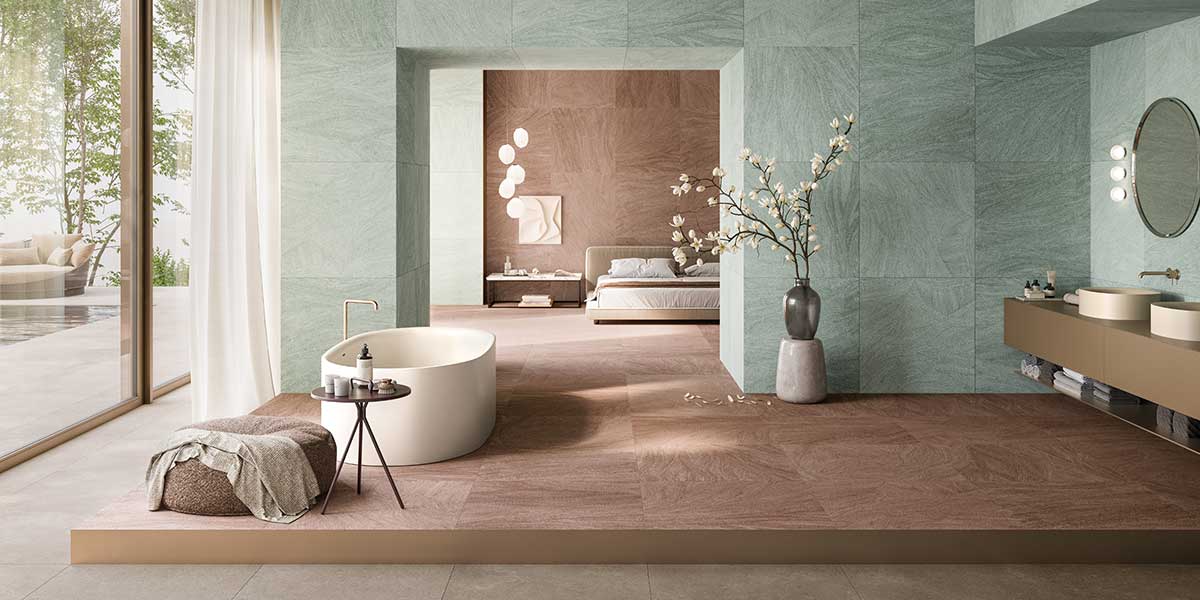 Ink porcelain tile feature wall with hand-drawn graphic pattern and fluid movement