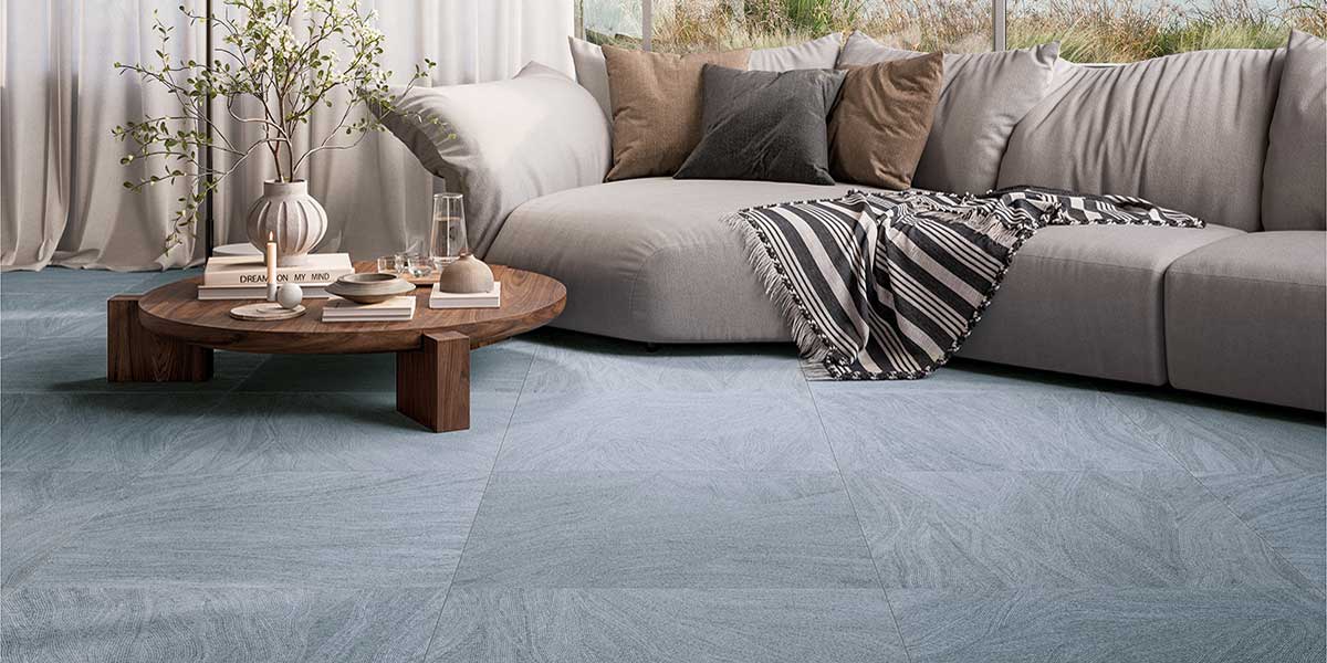 Ink porcelain flooring with dynamic graphic surface and modern artistic aesthetic