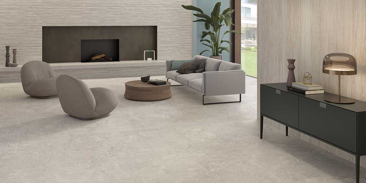Portland Stone porcelain floor tile in contemporary living space with refined limestone appearance