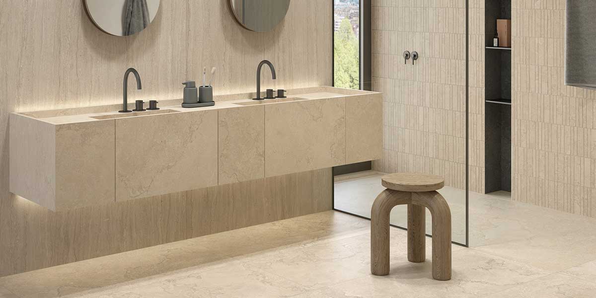 Portland Stone tile bathroom installation with natural stone look and elegant veining