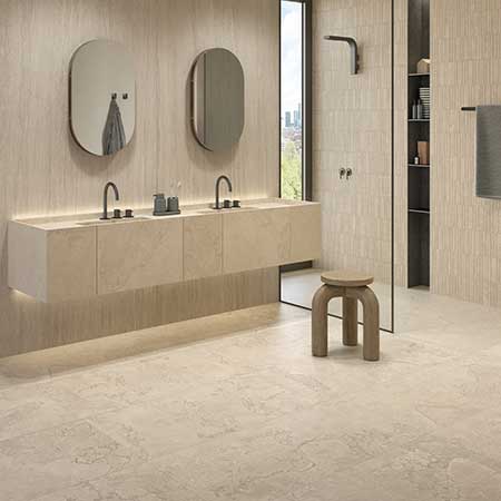 Portland Stone Look Porcelain Tile in Modern Bathroom