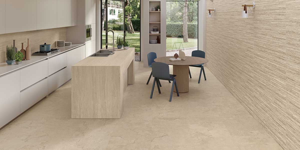 Portland Stone porcelain tile in modern kitchen with soft neutral palette and matte finish