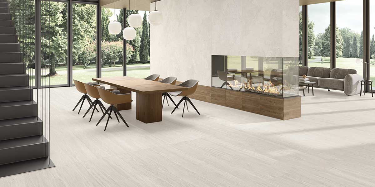 Portland Stone porcelain tile flooring with natural limestone look in modern livingroom