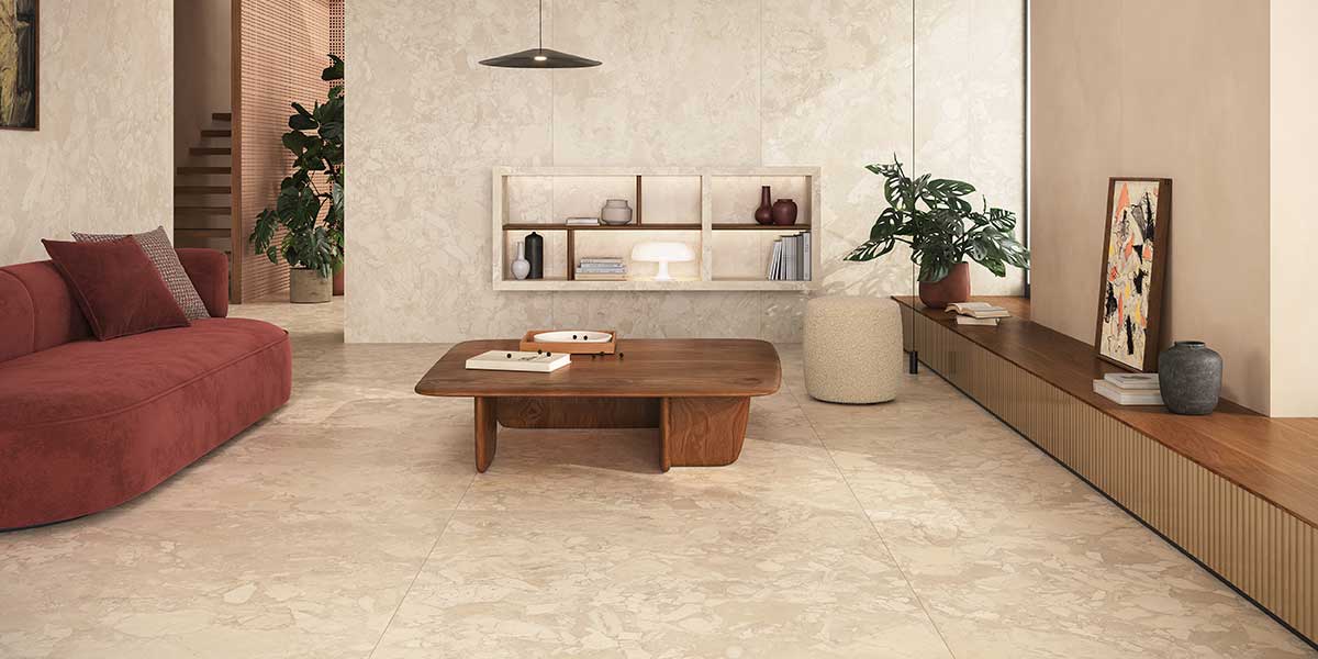 Venere porcelain tile in contemporary living space with natural stone movement and warm tones