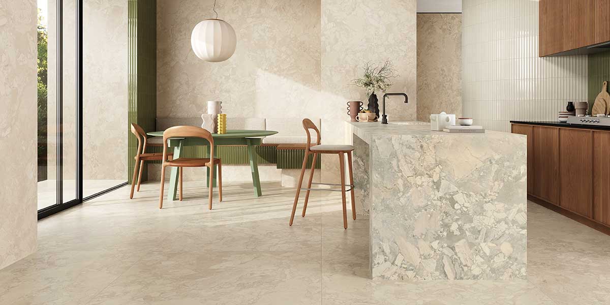Venere stone-look porcelain tile on kitchen island with natural movement and refined texture