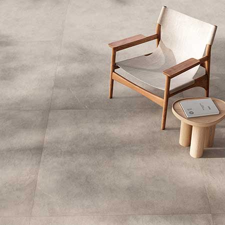 Osmos Tortora concrete-look porcelain tile with soft greige tone