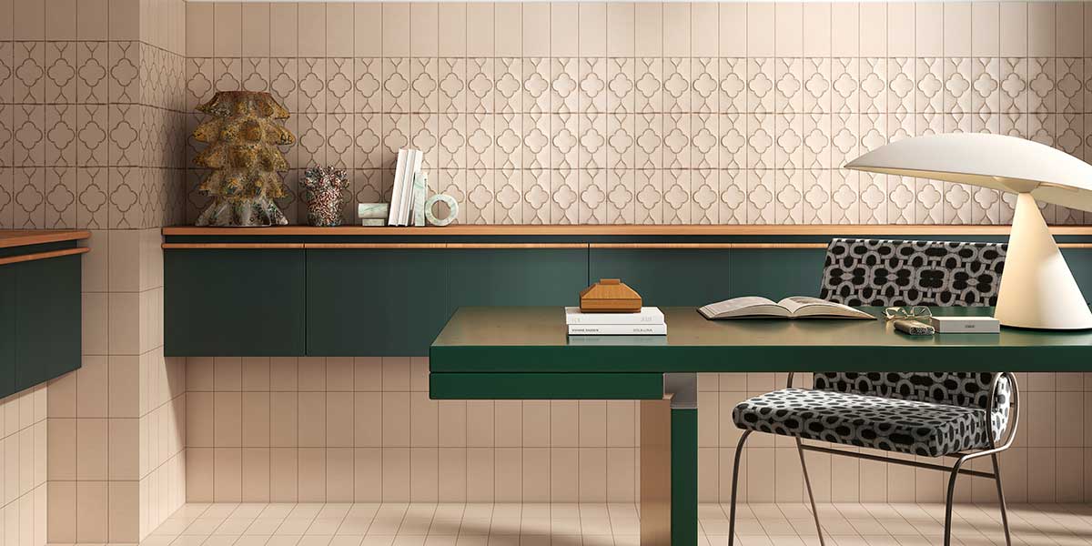 Olympia Formaviva Argilla Botanic porcelain wall tile installed as a decorative office feature wall