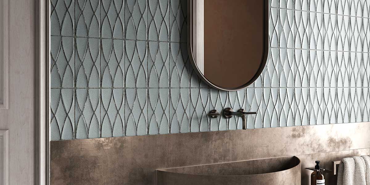 Olympia Formaviva Salvia Woven porcelain wall tile installed behind a modern bathroom vanity