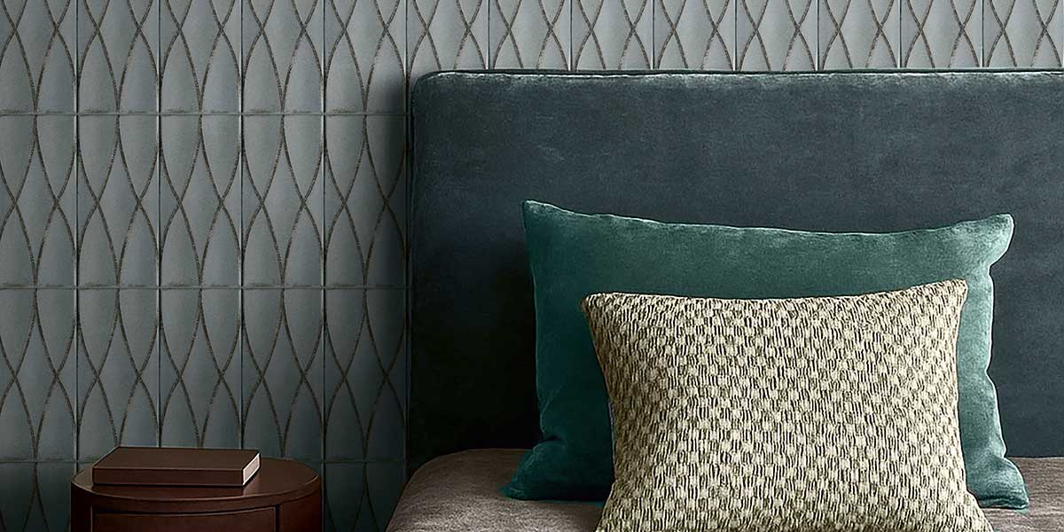 Formaviva Salvia Woven textured porcelain wall tile used as a bedroom feature wall
