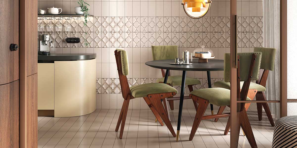 Terratinta Formaviva Tufo Botanic porcelain wall tile installed in a modern dining room