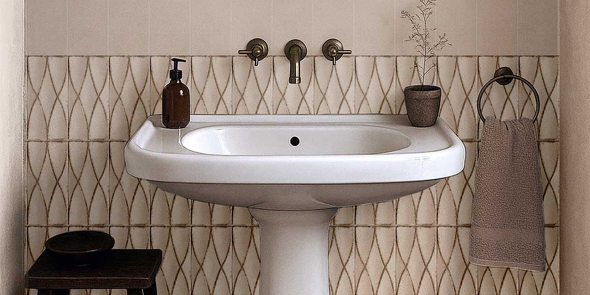 Formaviva Tufo Woven porcelain wall tile installed around a bathroom sink and vanity