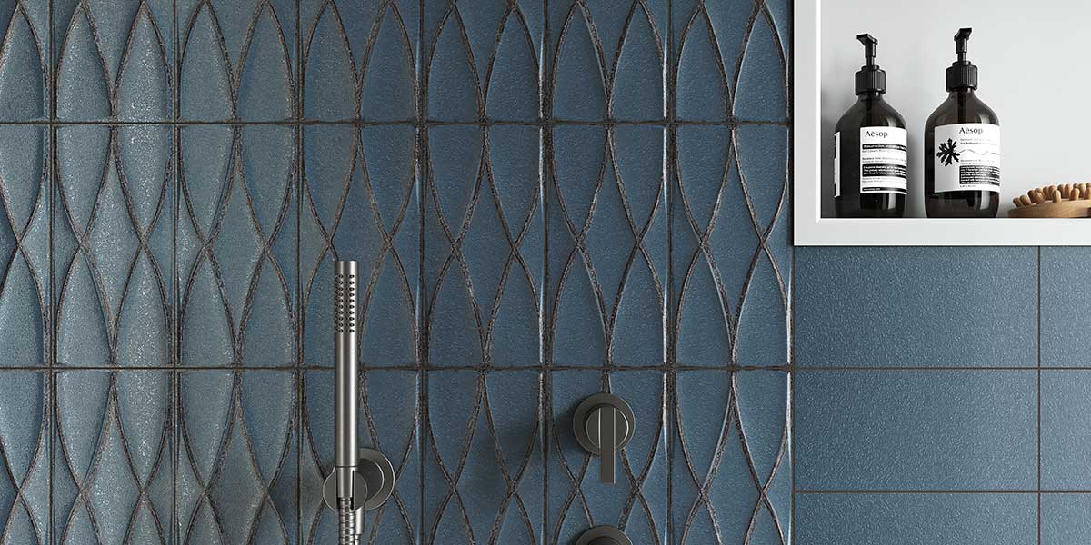 Olympia Formaviva Vintage Blue Woven porcelain wall tile installed in a contemporary shower