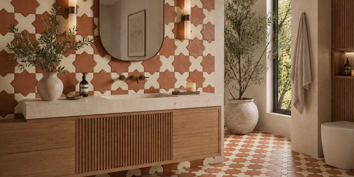 Modern bathroom featuring Star & Cross Beige & Red matte porcelain tile in bathroom
