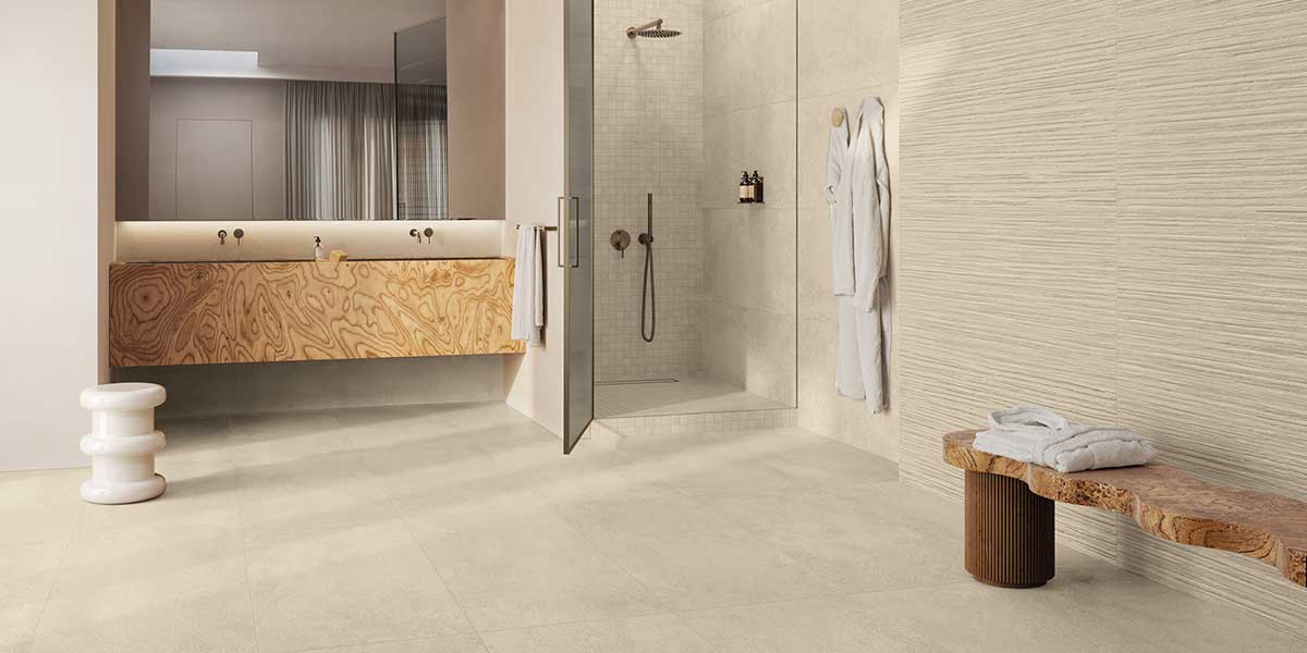 Luxury spa bathroom featuring Pure Concrete White concrete-look porcelain tile flooring and walls.