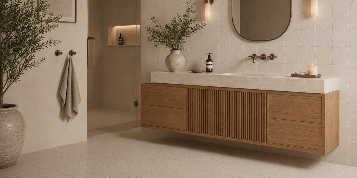 Modern bathroom featuring Star & Cross Beige matte porcelain tile on floors and vanity walls.