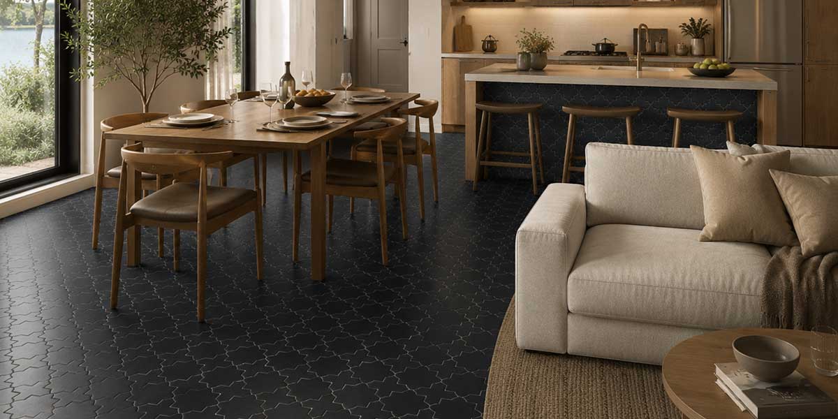 Dining room with Star & Cross Black matte porcelain tile flooring.