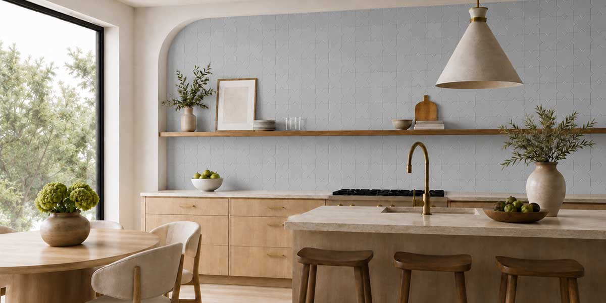Kitchen featuring Star & Cross Blue Grey matte porcelain tile backsplash and feature wall.