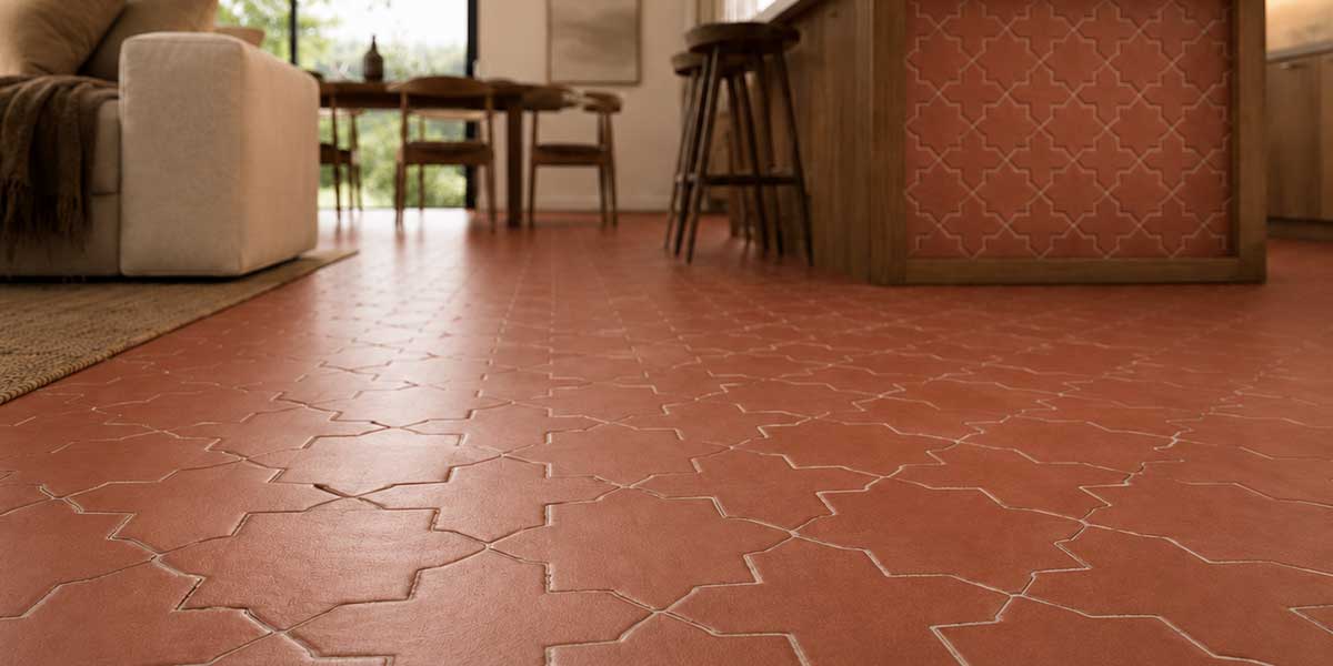 Close-up of Star & Cross Red matte porcelain tile flooring with geometric pattern.