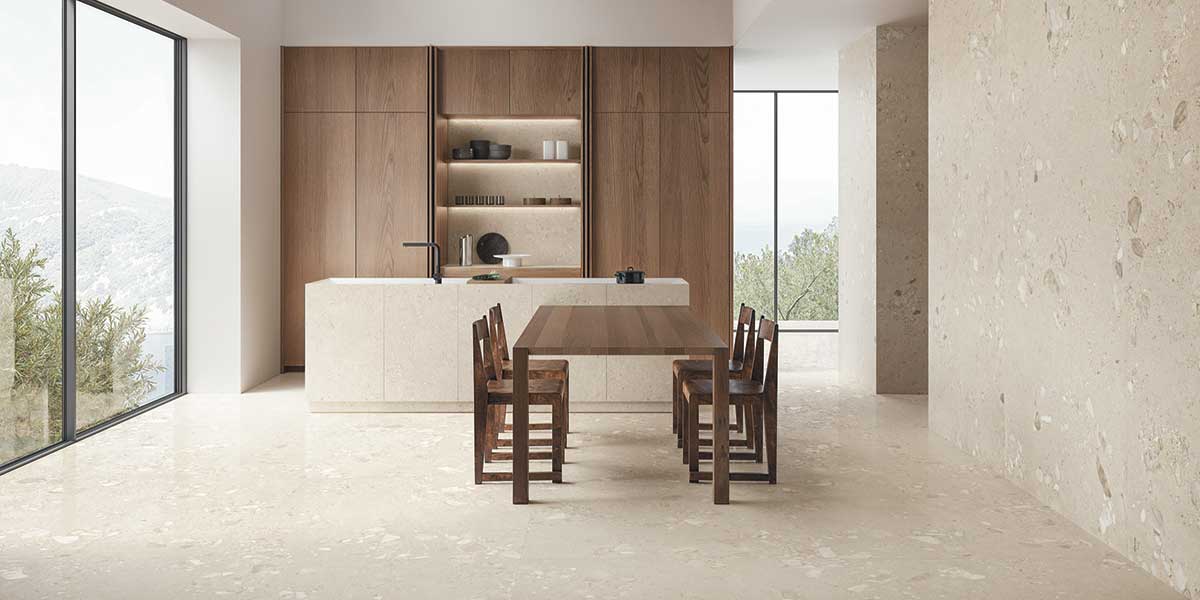 Contemporary kitchen featuring Sabbia Giant Lappato Antique and Fine Giant GemmaStone porcelain tile