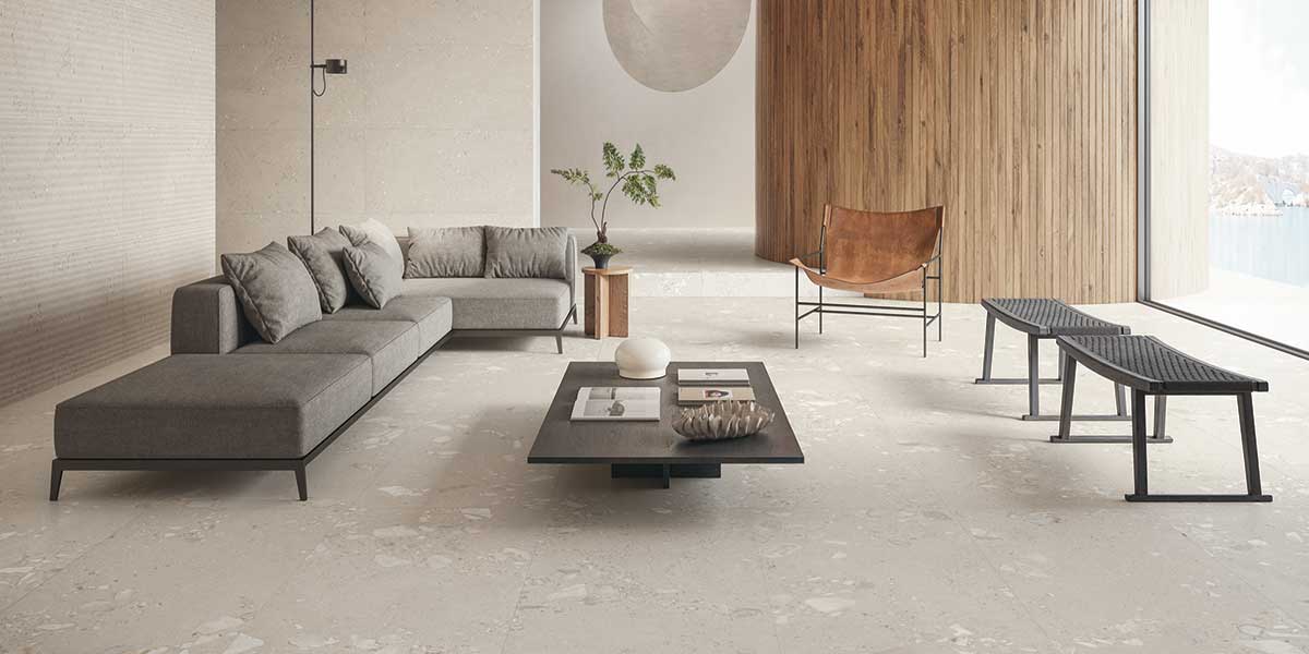 Contemporary living room featuring Sabbia Fine and Onde GemmaStone porcelain tile by Ergon