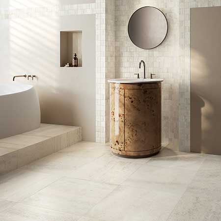 Milano Sublime Lume Trama mosaic and porcelain tile in a bright bathroom.