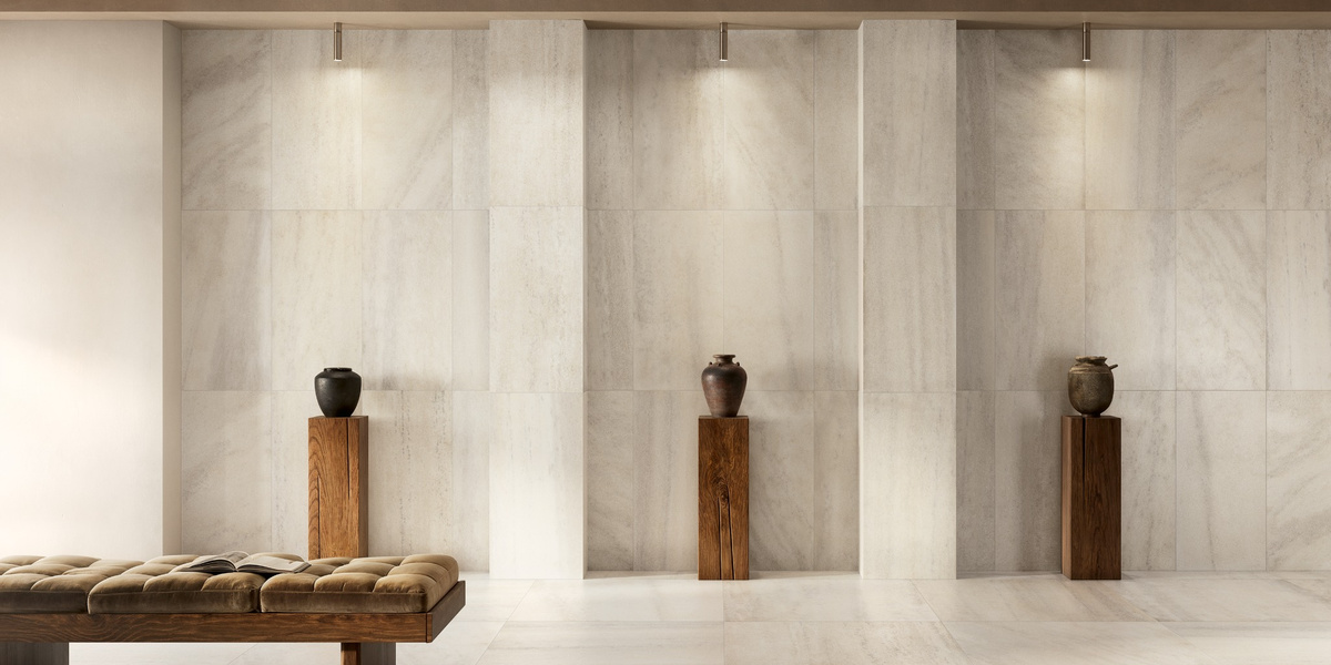 Milano Sublime Lume porcelain tile installed on a large contemporary feature wall.