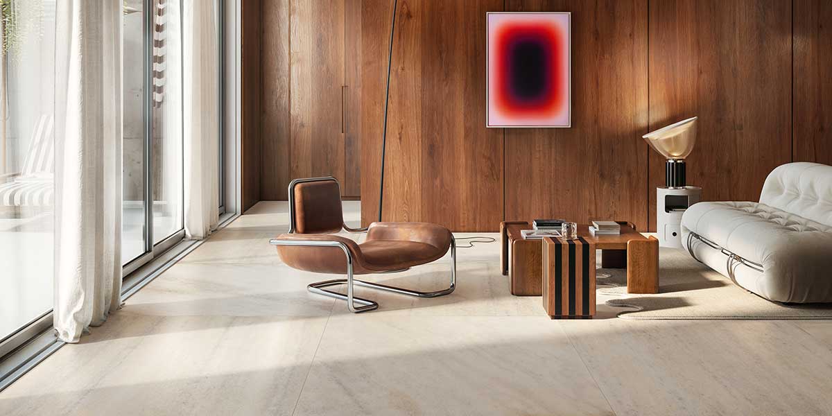 Milano Sublime Lume porcelain tile in a contemporary living room.