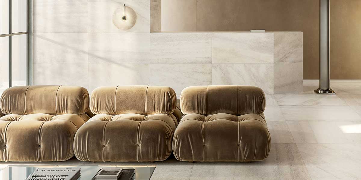 Milano Sublime Lume porcelain wall and floor tile in an elegant contemporary living space.