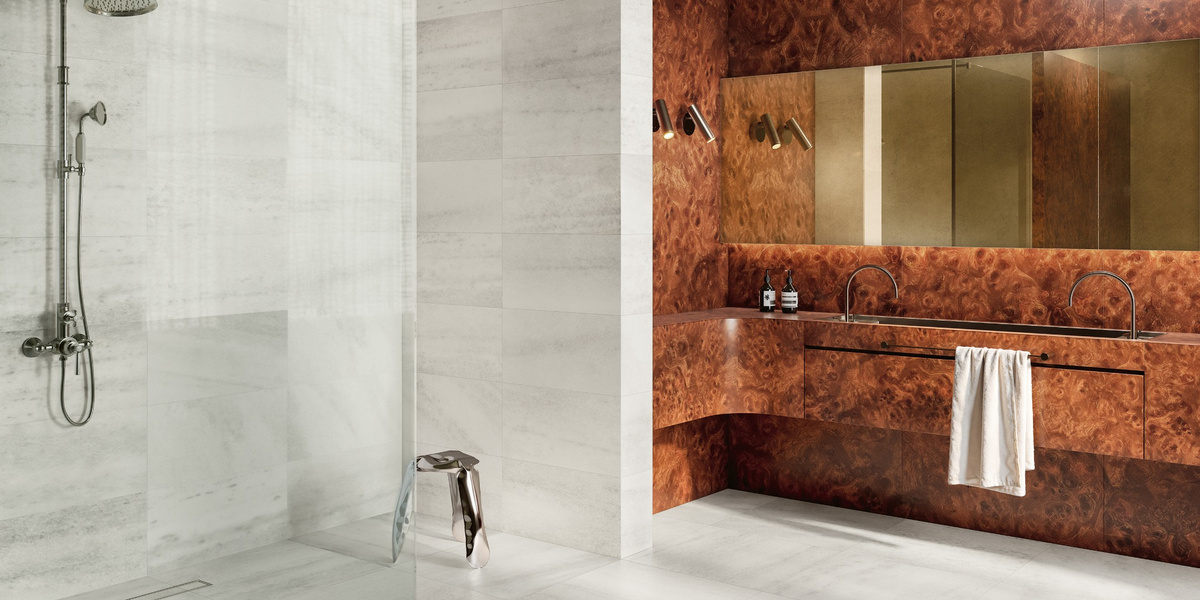 Milano Sublime Puro porcelain wall and floor tile in a contemporary bathroom.