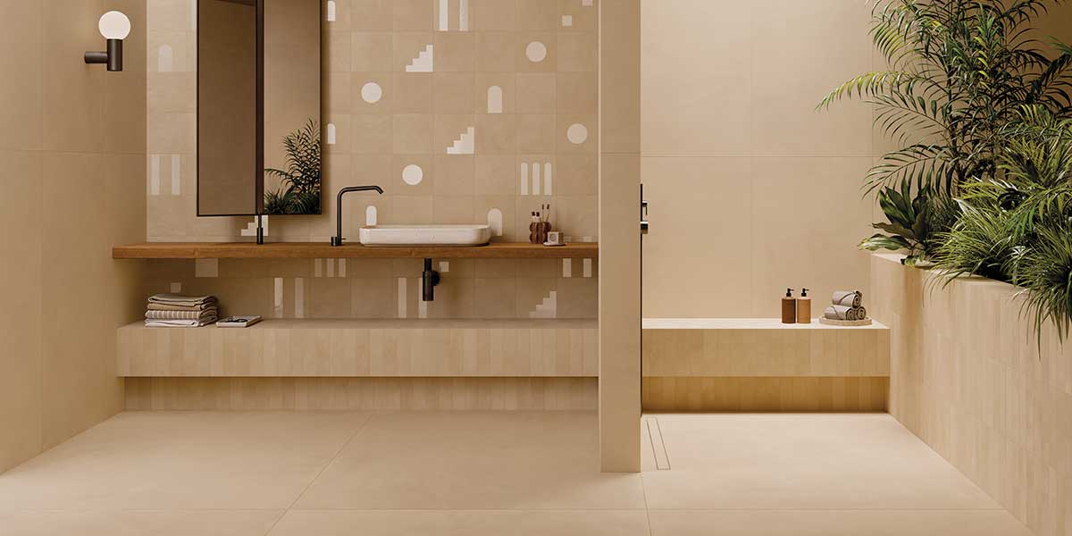 Cotto Milano Creta cotto-look porcelain tile and decorative wall tile in a contemporary bathroom