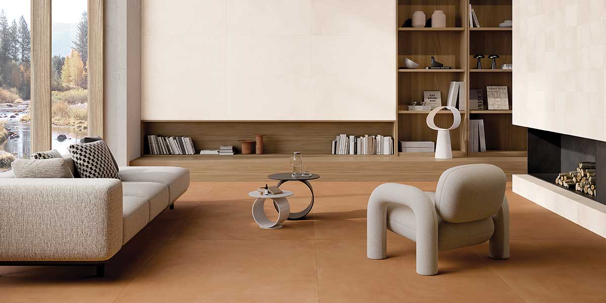 Cotto Milano Mattone and Talco cotto-look porcelain tile in a modern living room