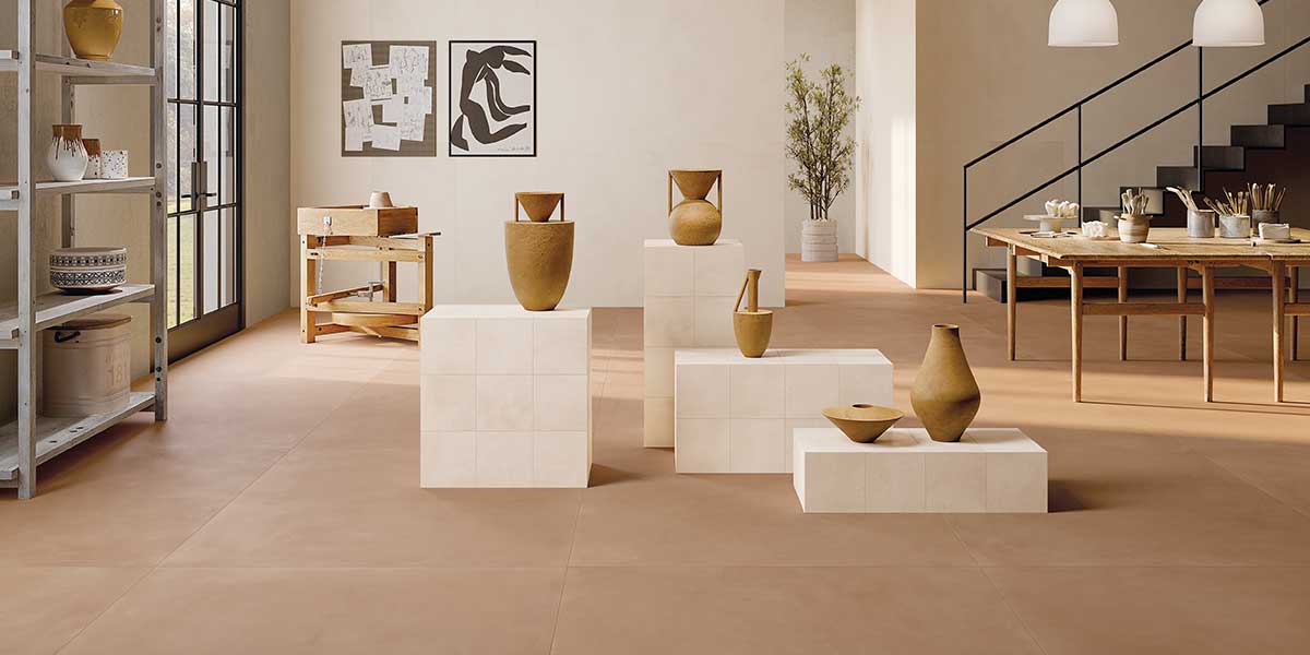 Cotto Milano Terracotta and Talco cotto-look porcelain tile in a contemporary studio