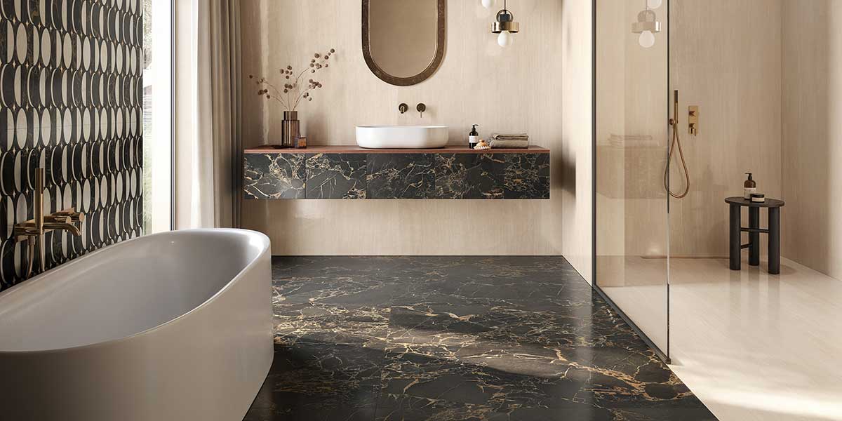 Doro & Malfi Doro Black marble-look porcelain floor tile in a contemporary bathroom