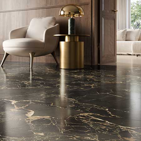 Doro & Malfi Doro Black marble-look porcelain floor tile with black and gold veining