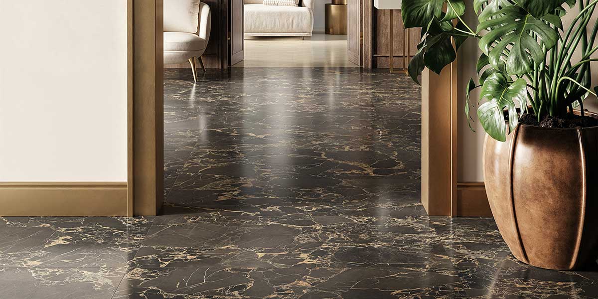 Doro & Malfi Doro Black marble-look porcelain floor tile with dramatic gold veining