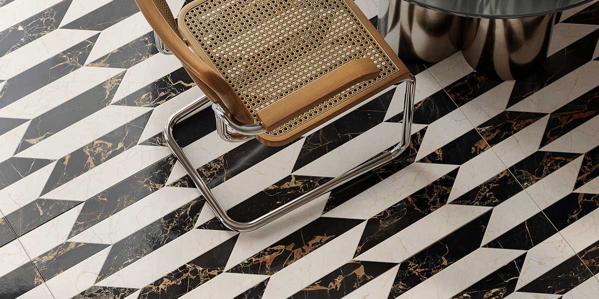 Doro & Malfi Gala decorative porcelain tile with geometric black and cream marble pattern