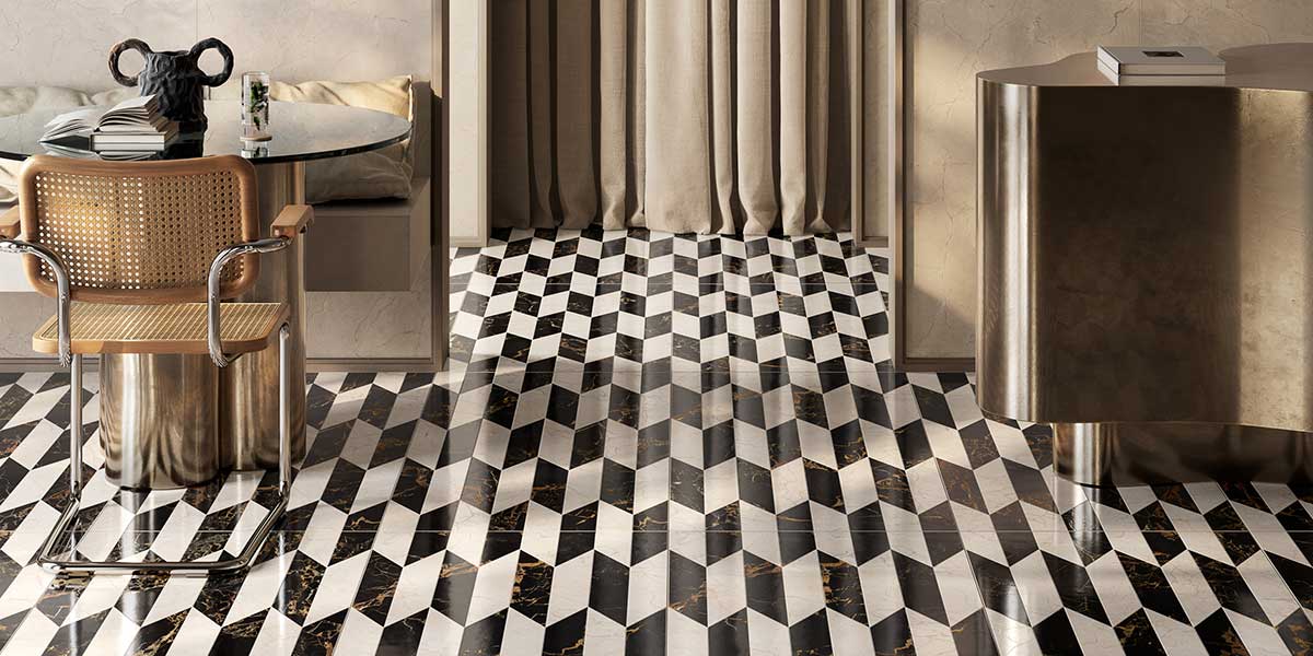 Doro & Malfi Gala decorative porcelain floor tile with black and cream geometric marble pattern