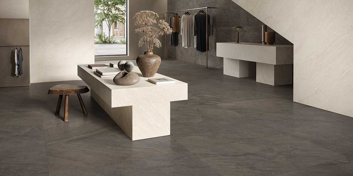 Pietra Di Orosei Grigio Bruciato stone-look porcelain floor and decorative wall tile