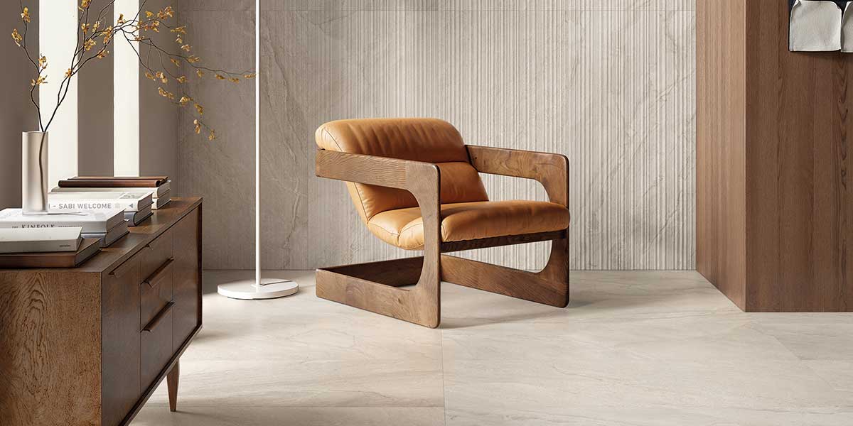 Pietra Di Orosei Grigio Conchiglia decorative porcelain wall tile in a contemporary interior